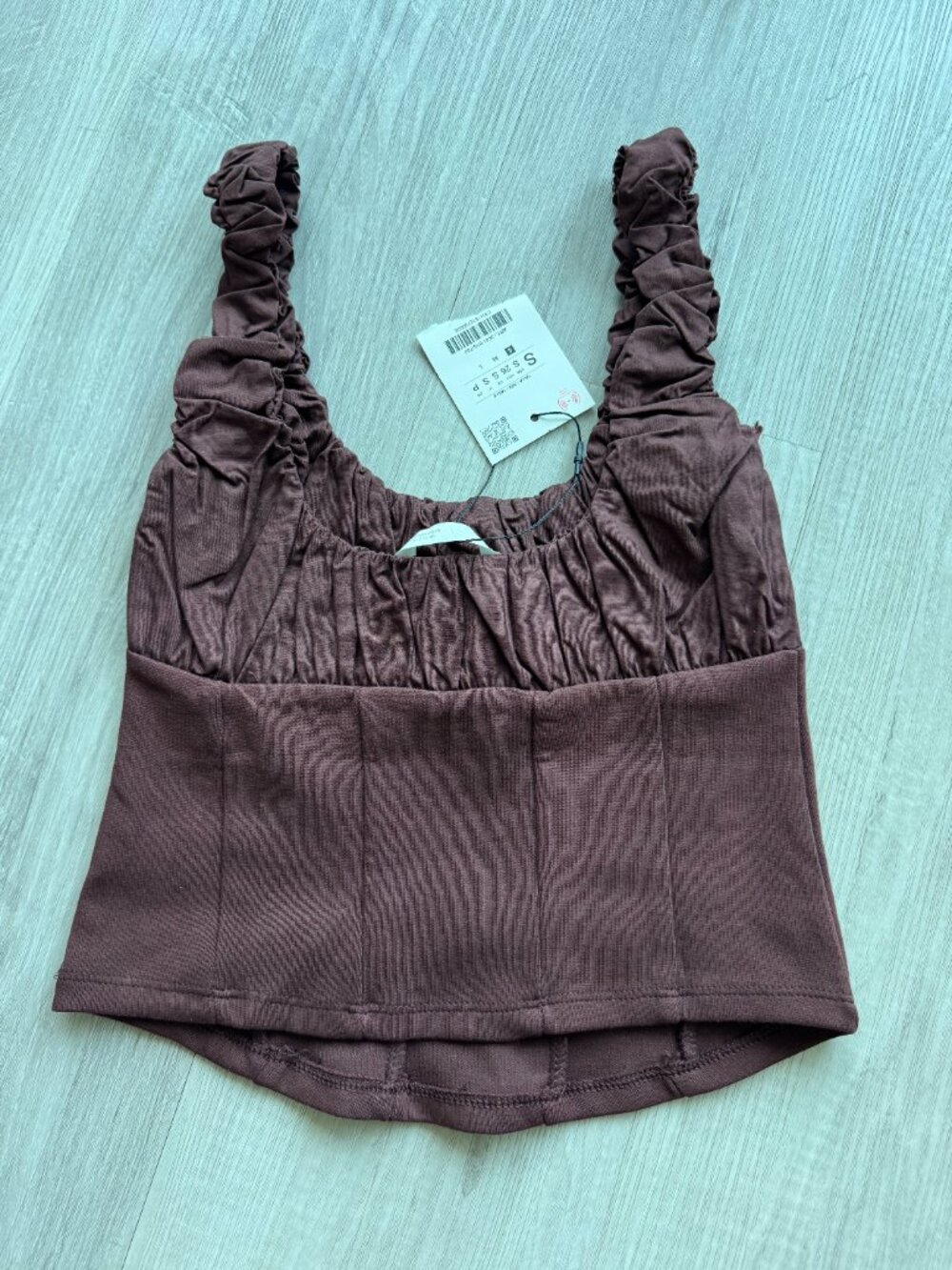 🤎 ZARA Combination Interlock & Poplin Top – Brown NWT Size S - Picture 9 of 13